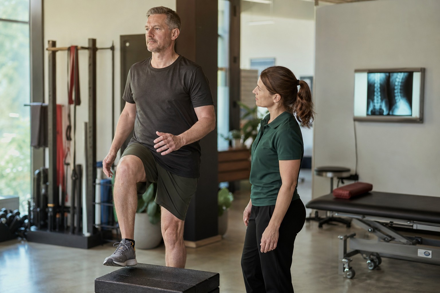 An adult performing a controlled step-up with a movement specialist while a spine scan remains in the background