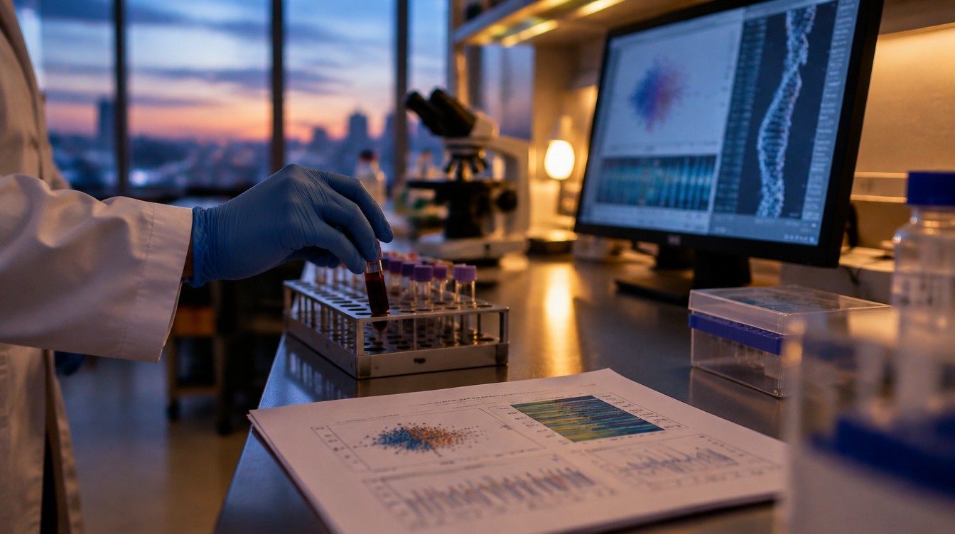 A researcher handling a blood sample in a laboratory studying biological aging