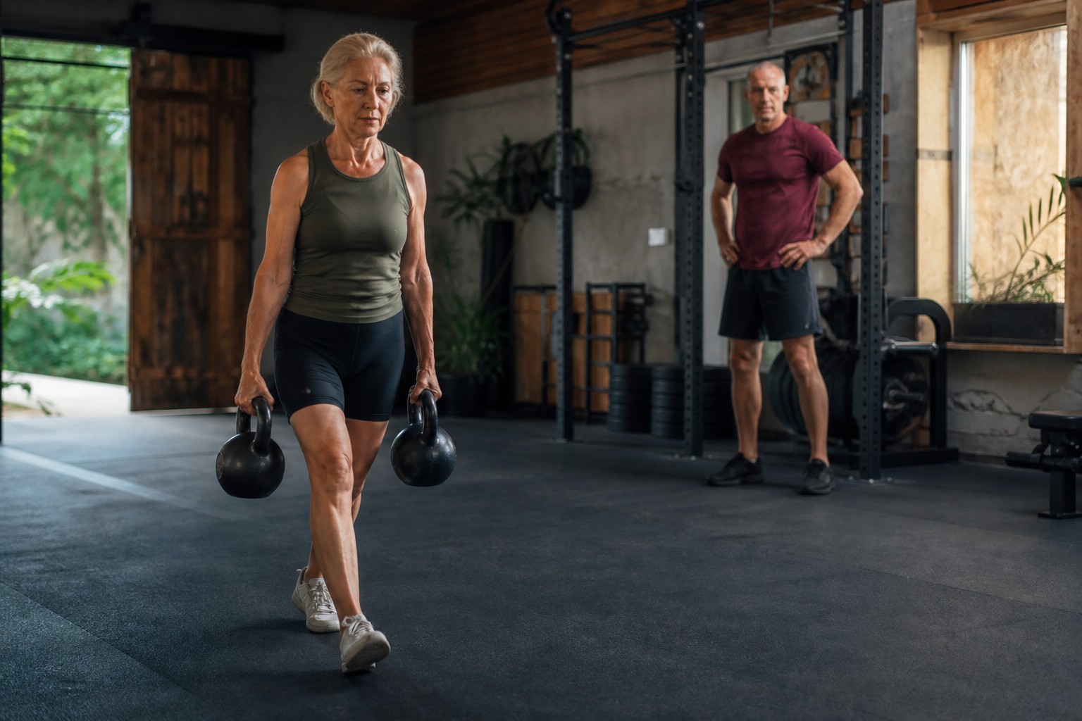 A strong older adult performing a loaded carry with kettlebells