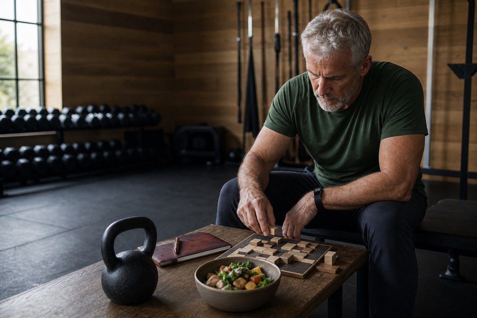 An active older adult combining strength recovery with a strategy puzzle