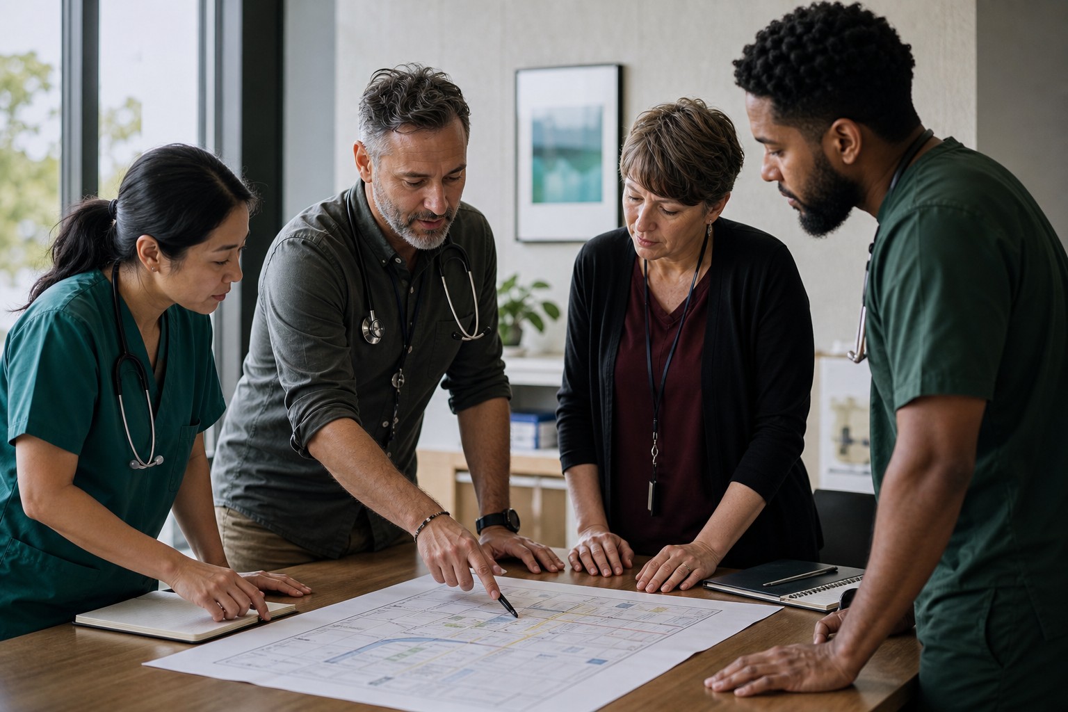 A physician leading a multidisciplinary care-planning huddle