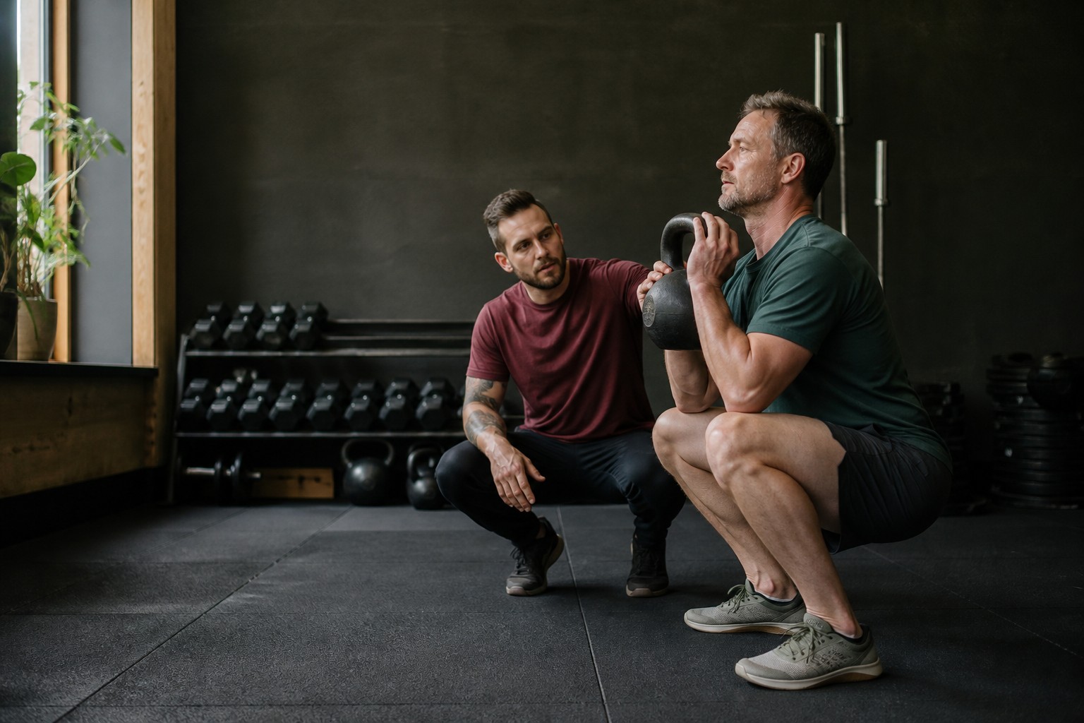 An adult strength training under a coach's supervision