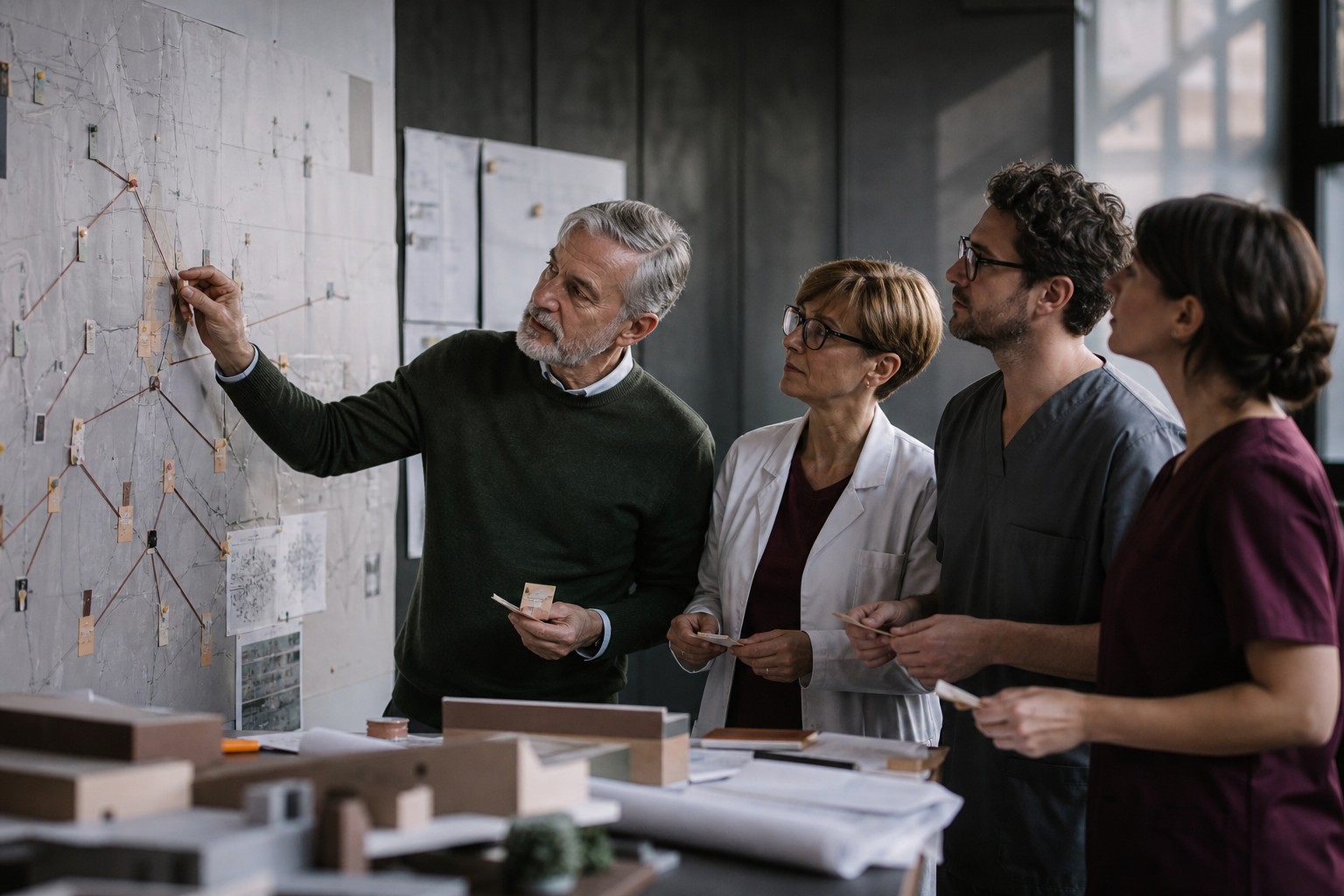 A healthcare team reviewing a wall-sized care network map