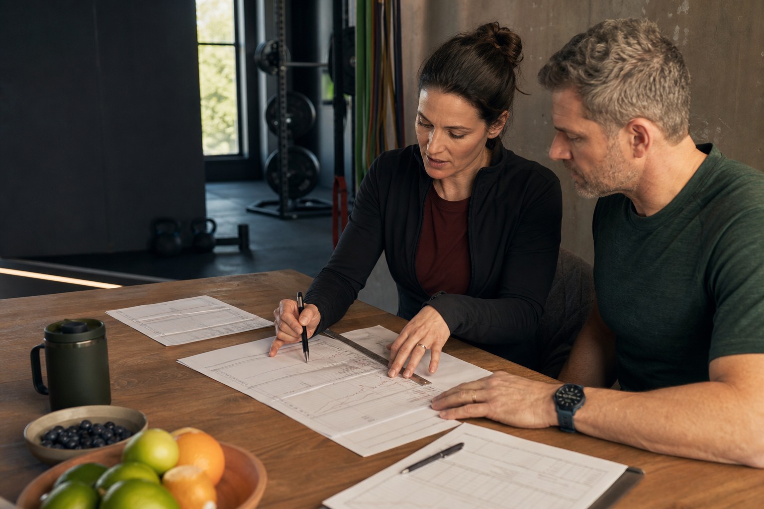 A clinician and active adult reviewing longitudinal health trends