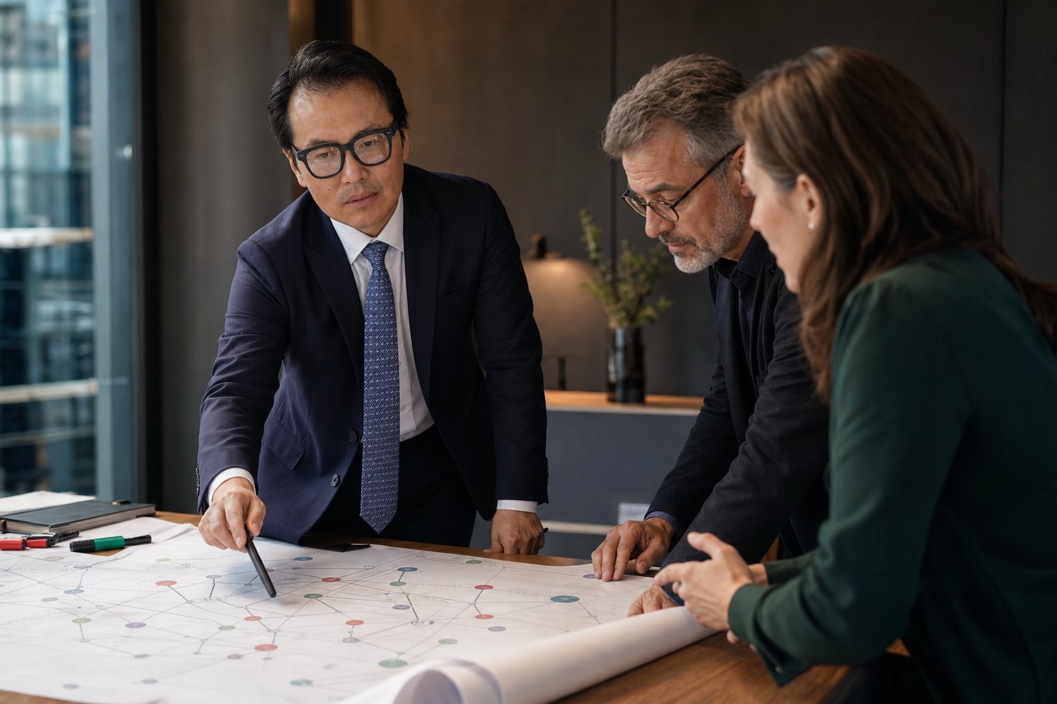 Sung Won, MD reviewing a healthcare network plan with collaborators