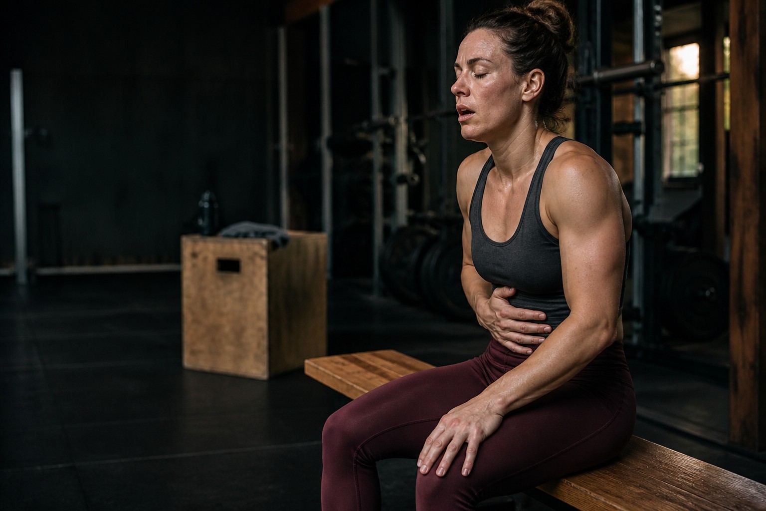 An athlete controlling her breathing during post-training recovery