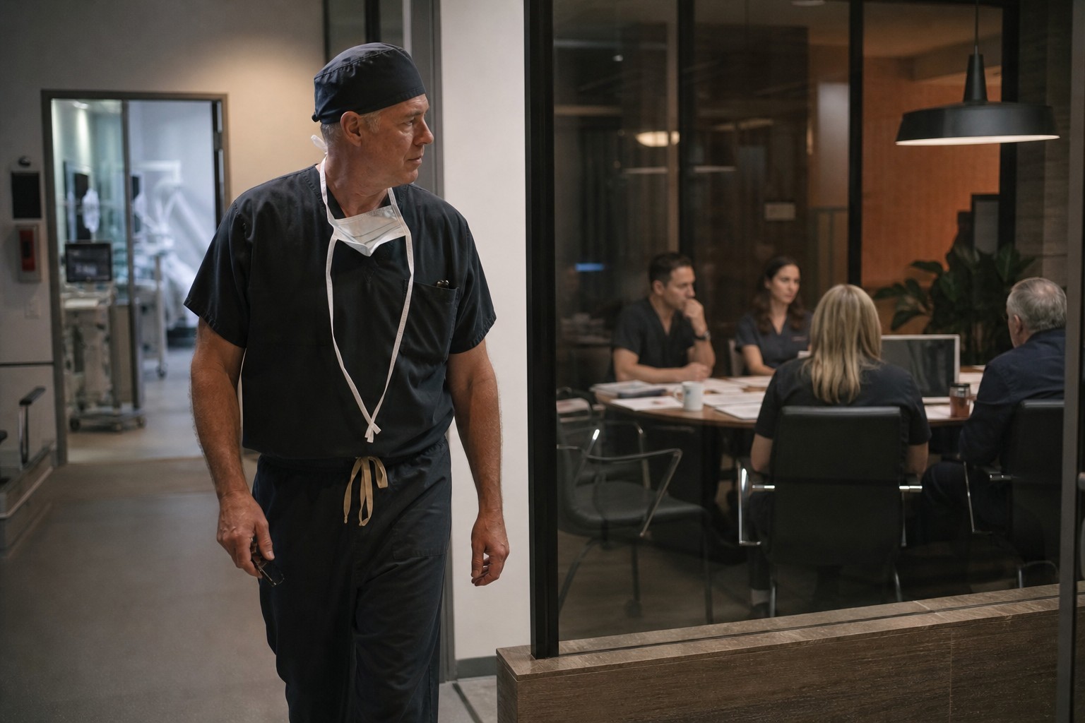 A physician moving from an operating suite toward a healthcare strategy meeting