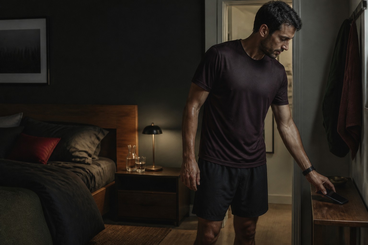 An athlete placing his phone outside a dark bedroom before sleep