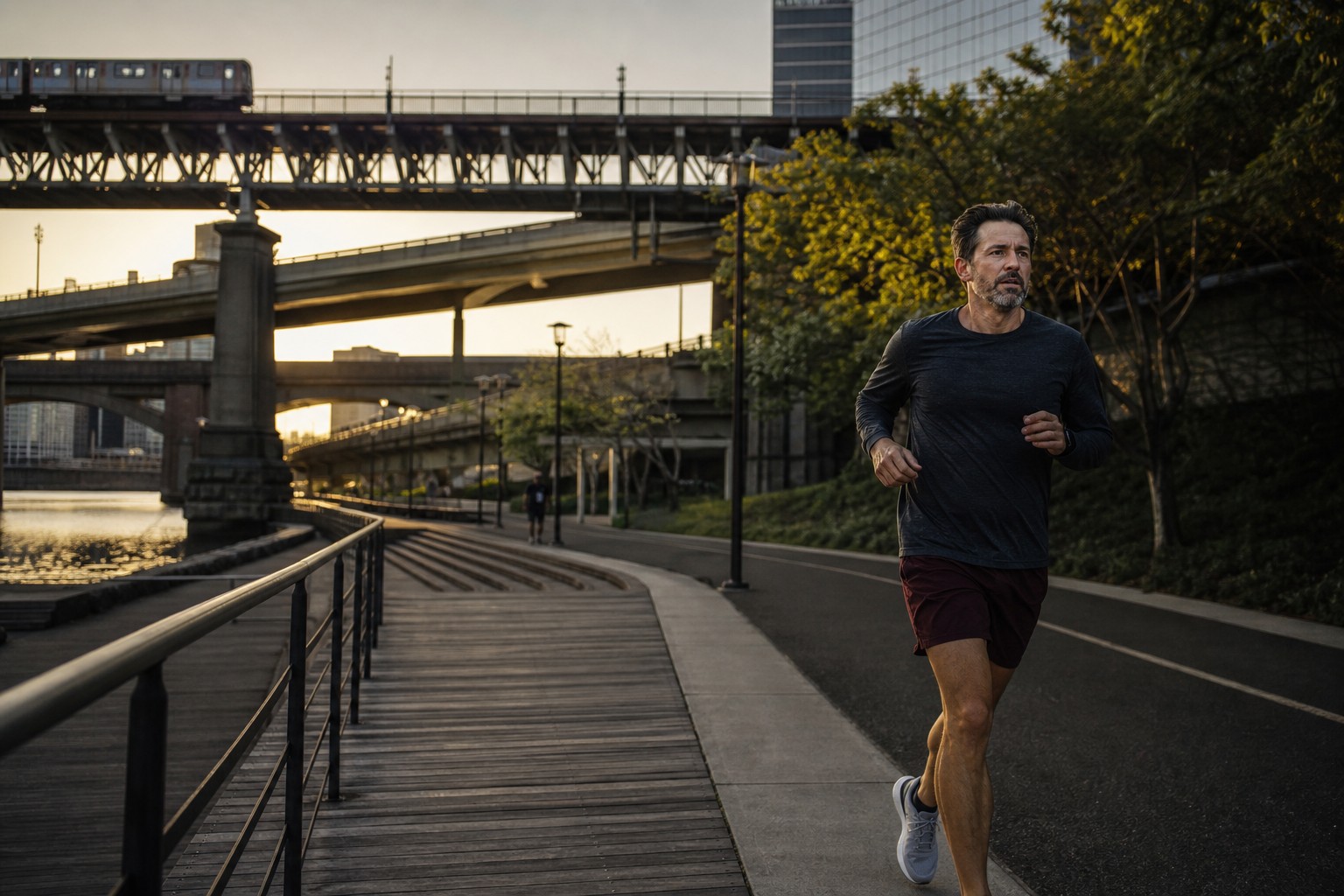 A runner moving through connected city paths at dawn