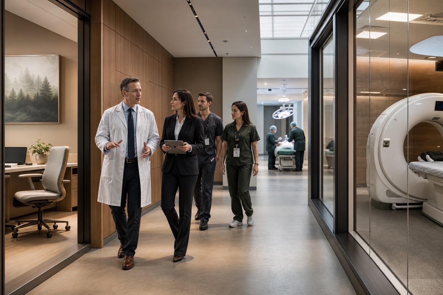 A physician-led team walking through an integrated healthcare facility