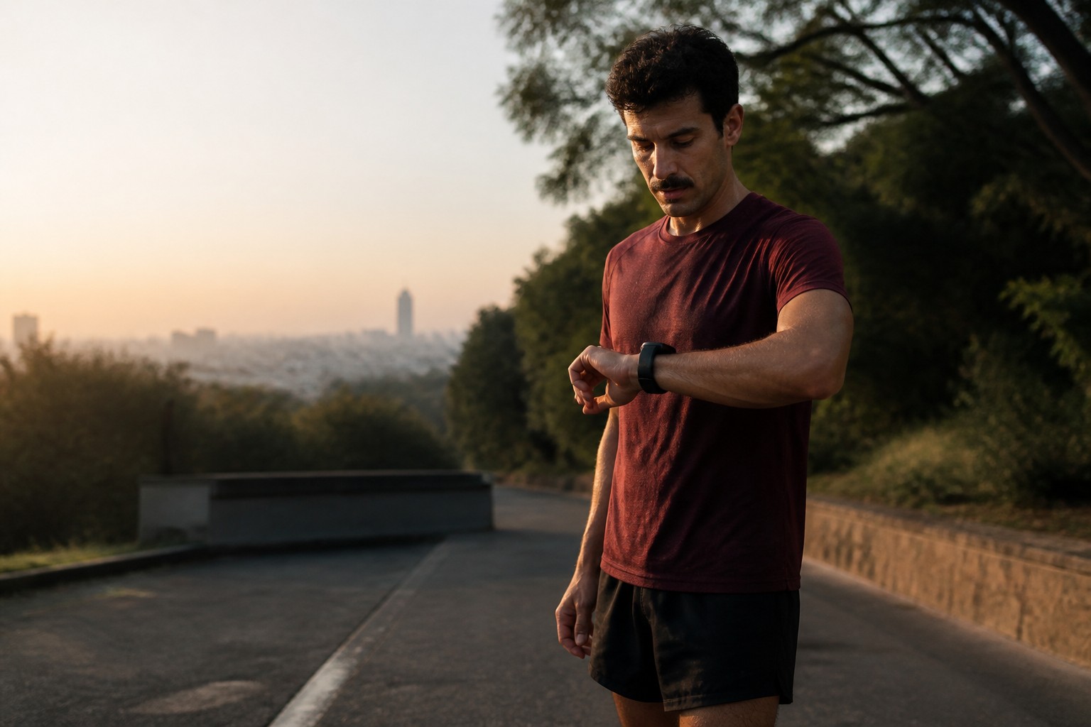 A runner checking a wearable after completing a dawn session