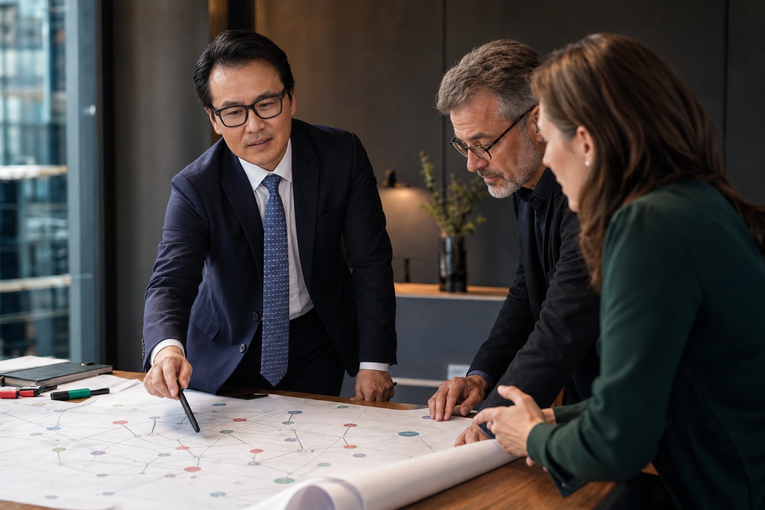 Conceptual editorial image of Sung Won, MD and colleagues reviewing a healthcare network plan