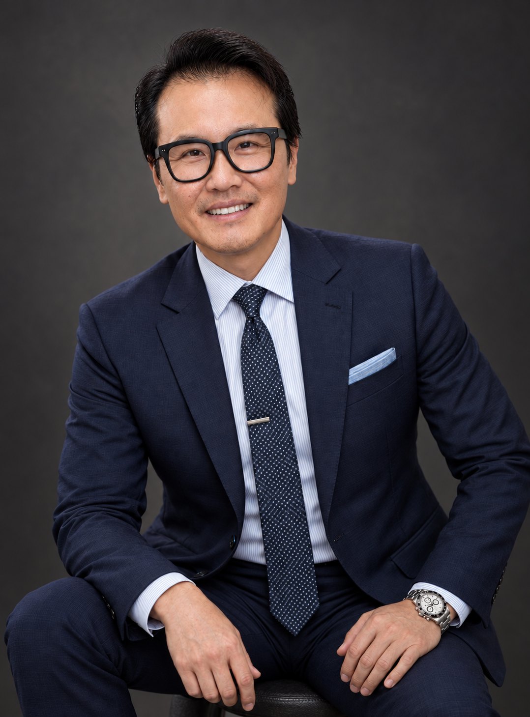Sung Won, MD smiling in a navy suit against a charcoal studio backdrop